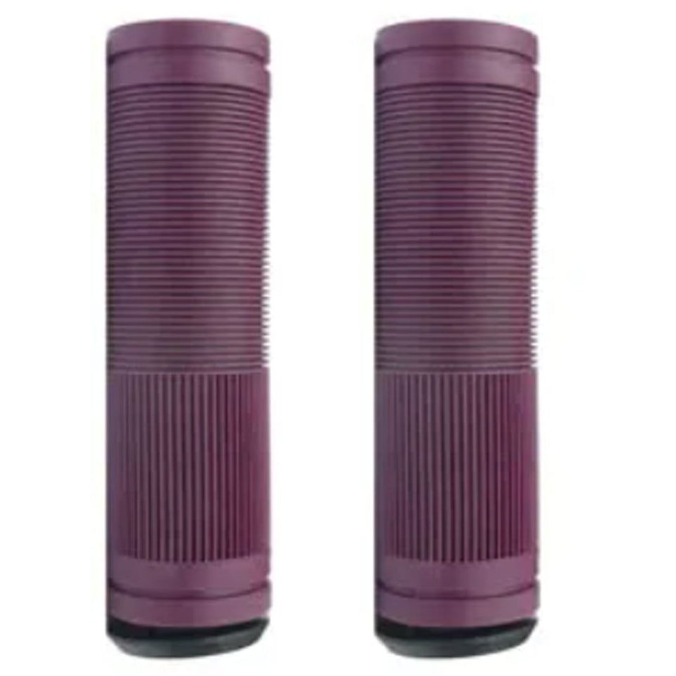 A pair of purple mountain bike grips with black end plugs, designed for handlebars.
