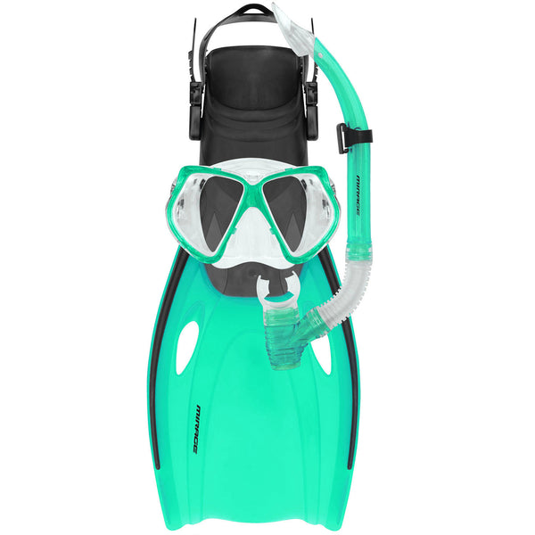 Mirage Nomad Adult Mask Snorkel and Fin Set with Tempered Glass Lens Green L/XL