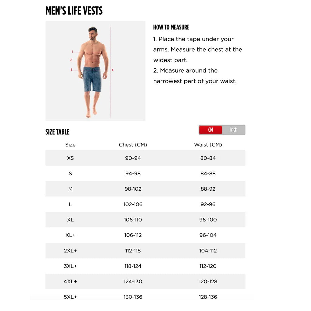 Measurement chart for Jobe men's life vests with a size guide and instructions on how to measure.