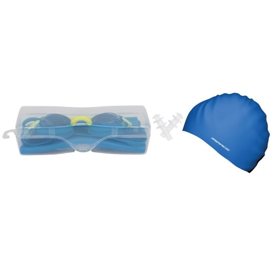 Mirage Kid's Junior Swim Pack Goggles Cap and Ear Plugs for 6-14 yo (Blue)