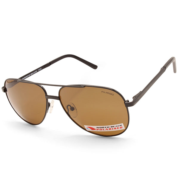 North Beach Fugu Satin Black/Brown Unisex Polarised Pilot Sunglasses 70696