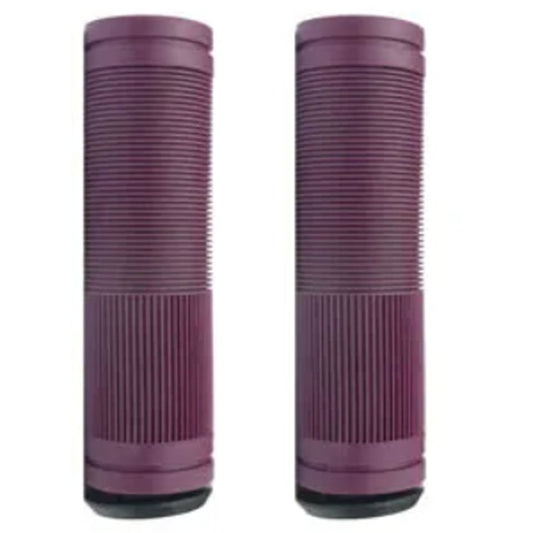 A pair of purple mountain bike grips with black end plugs, designed for handlebars.