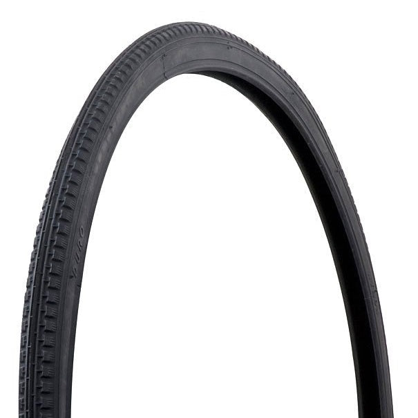 A black bicycle tire with light tread pattern, displayed against a white background.