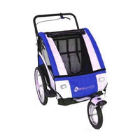 A blue and white multi-use bike trailer with a black frame, designed to convert into a 3-wheel jogger.