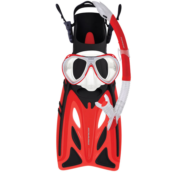 Mirage Crystal Junior Mask Snorkel and Fin Set with Tempered Glass Lens Red Size S-XL