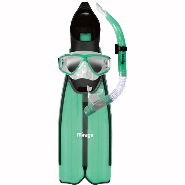 Mirage Barracuda Fin Mask and Snorkel Set with Tempered Glass Lens Green