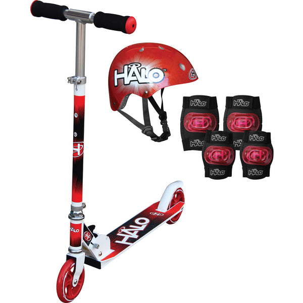 Halo Premium Red Inline Scooter Combo Set with Premium Adjustable Scooter, Helmet and Pads
