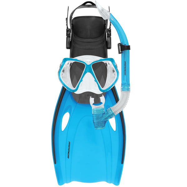 Mirage Nomad Mask Snorkel and Fin Set with Tempered Glass Lens Blue Size S-XL